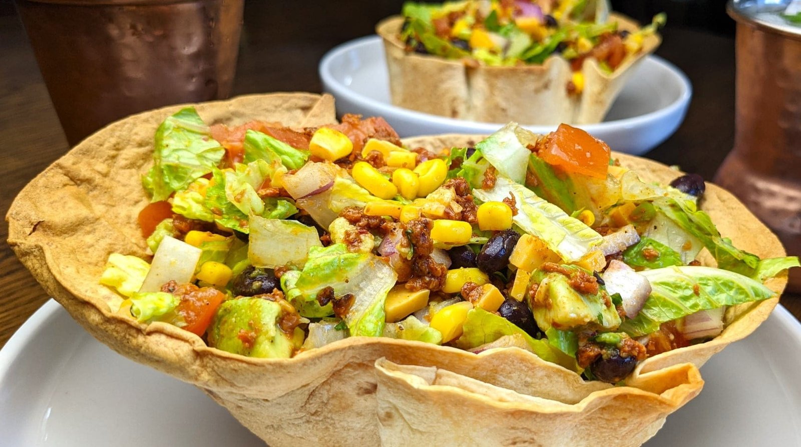 Southwest Taco Salad served in an air fried Tortilla