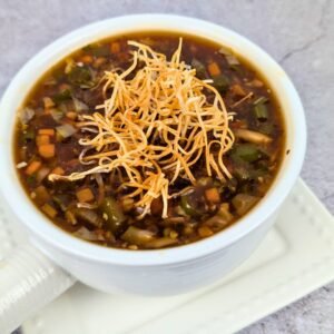 Manchow Soup in a white soup bowl