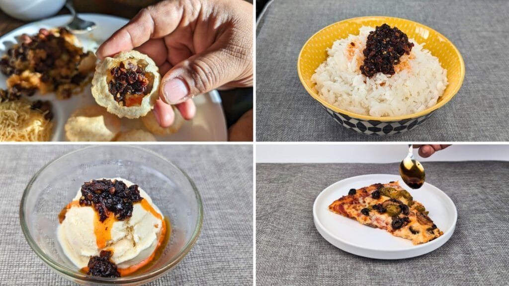 Enjoying Chili Crisp with Rice, Pizza, Pani puri and on Ice cream
