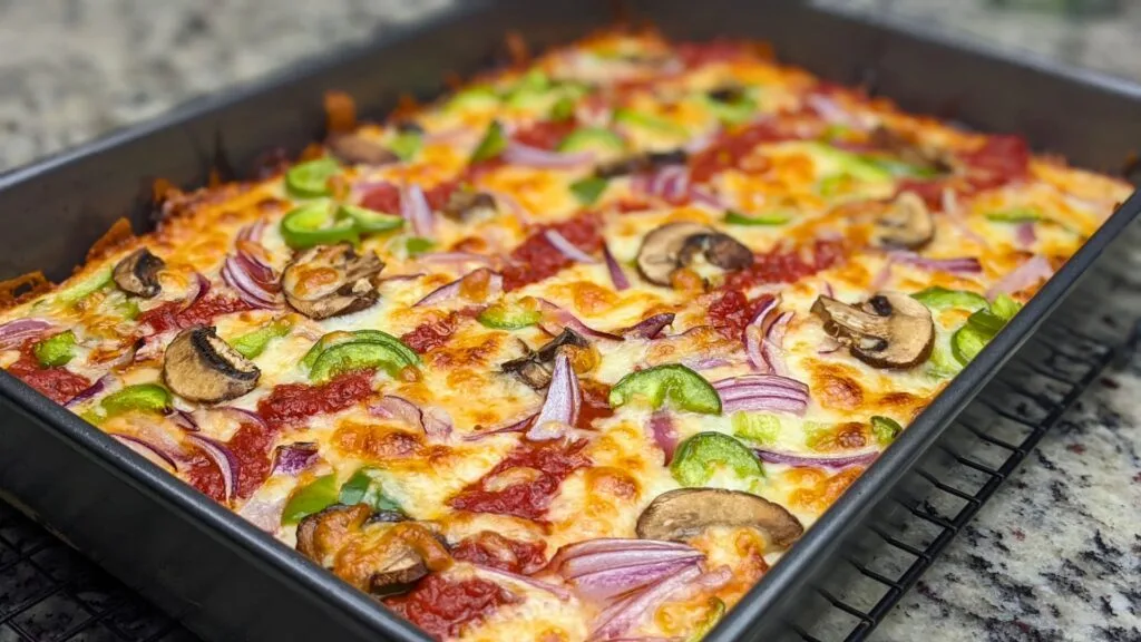 Cheese is melting on Detroit Style pizza
