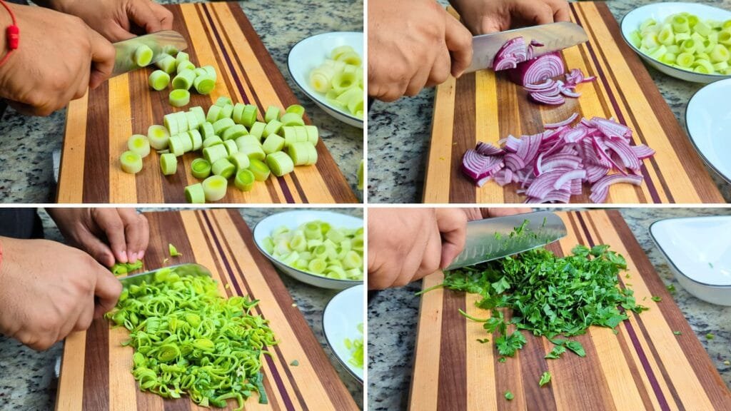Cutting Leeks, Onions and Parsley for Leek Butter Bean Soup