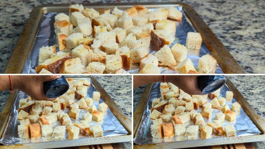 adding salt, pepper and Oil to the bread cubes