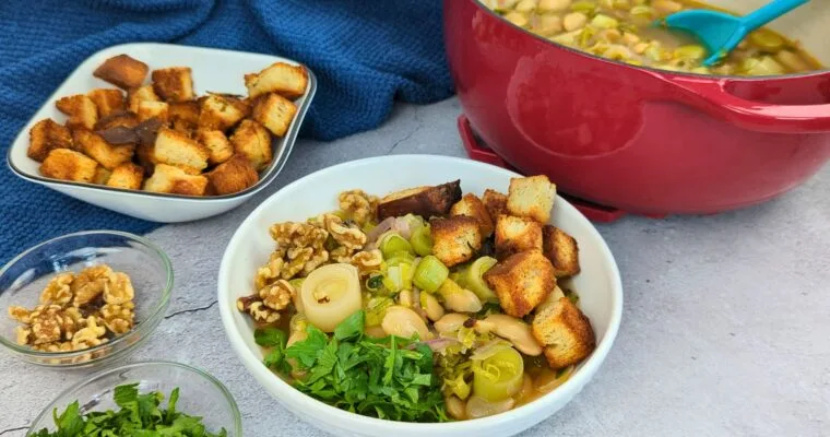 Leek and Butter Bean Soup with Rosemary Croutons