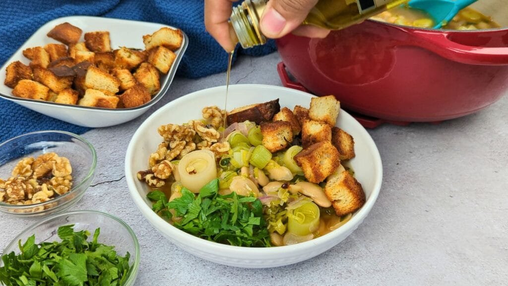 Drizzle the Truffle Oil to the Leek and Butter Bean Soup