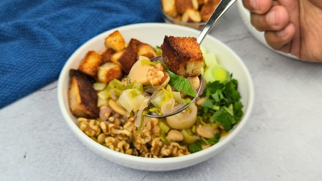 Leek and Butter Bean Soup served with Rosemary Croutons