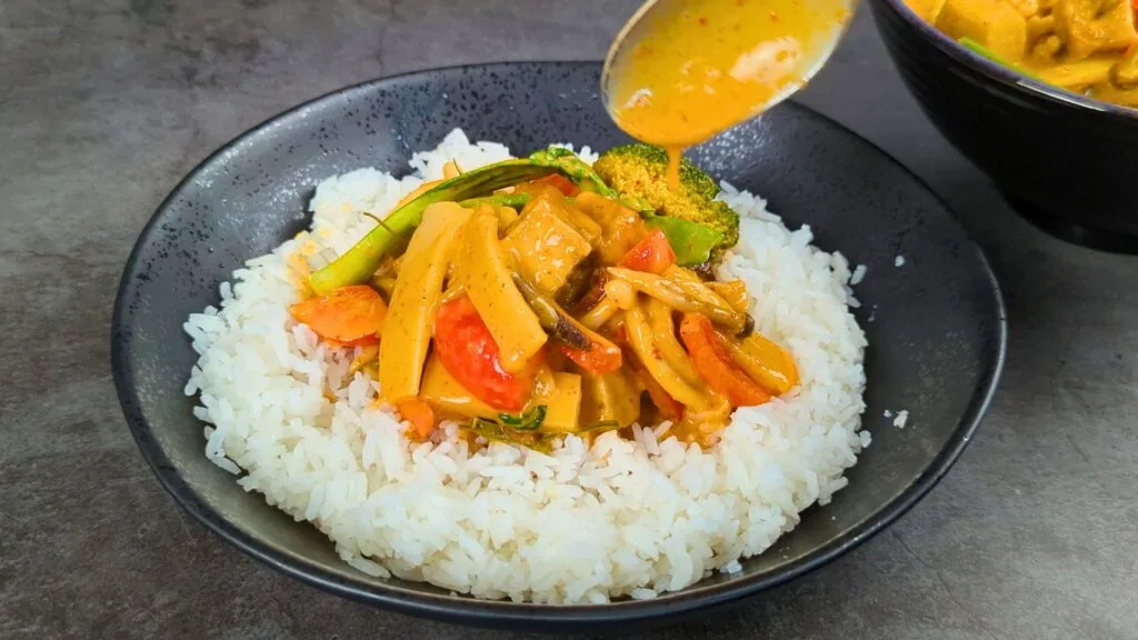 Served the Vegan Panang Curry with Air Fried Tofu on the bed of  White Rice