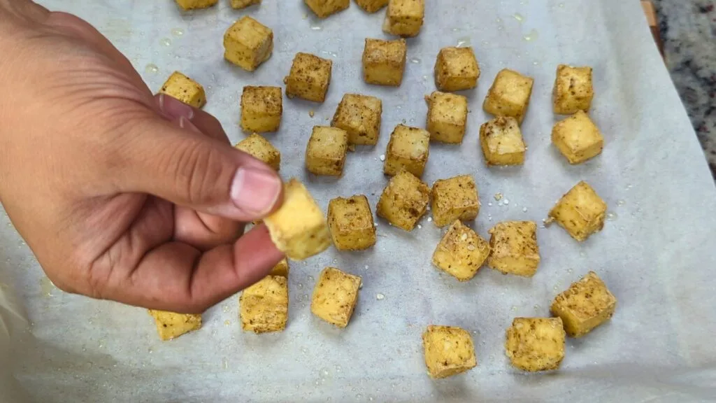 Tofu is crispy for Vegan Panang Curry