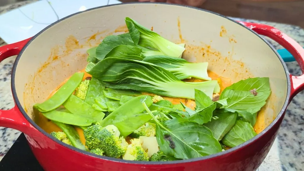 adding Bok Choy to the Vegan Panang Curry