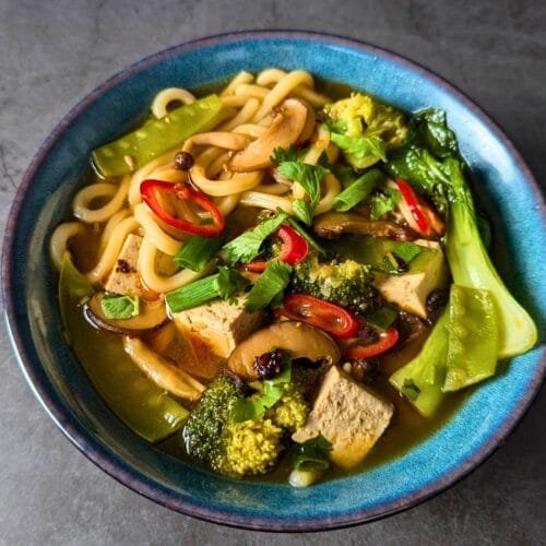 Tofu Udon Noodle Soup in a Blue Bowl