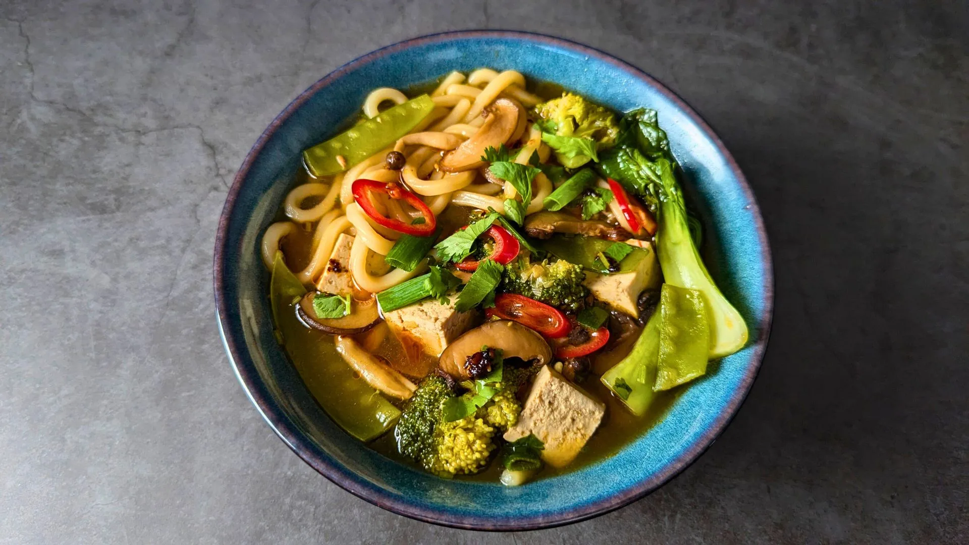 Tofu Udon Noodle Soup in a Blue Bowl