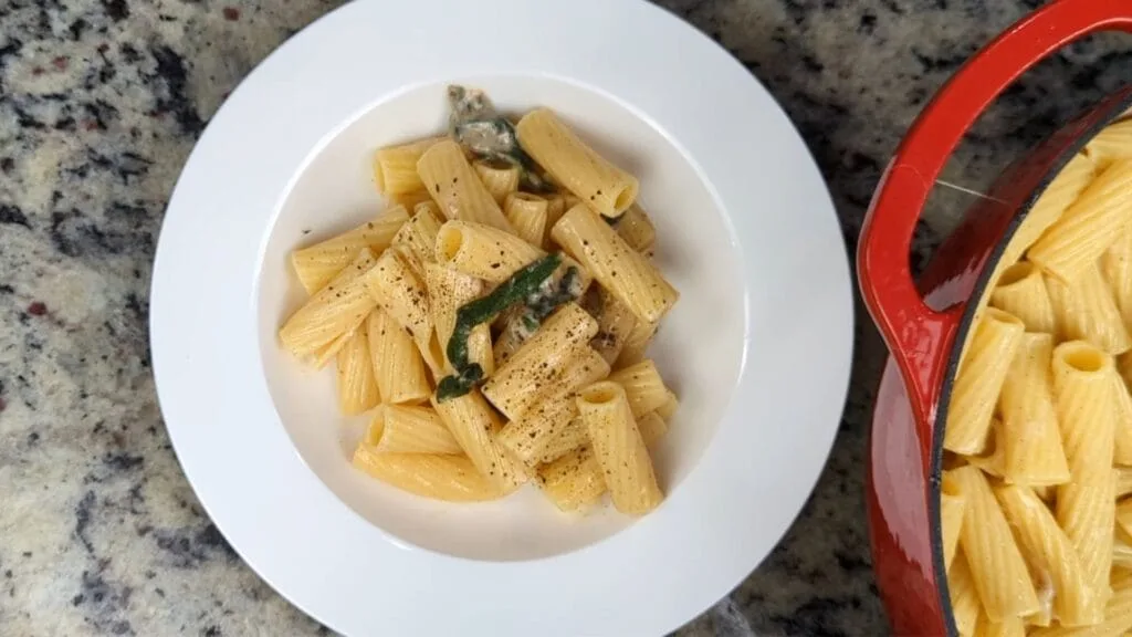 Brown Butter and Sage Pasta with Rigatoni served in a plate