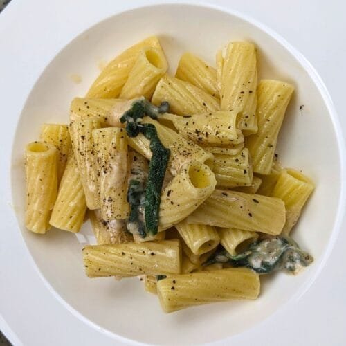 Brown Butter and Sage Pasta with Rigatoni served in a white plate