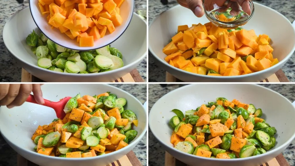 transferring Brussels sprouts and butternut squash in a bowl