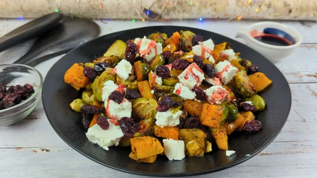 Butternut Squash and Brussels Sprout Salad served in a bowl