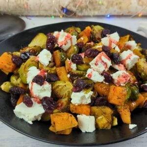 Butternut Squash and Brussels Sprout Salad served in a bowl