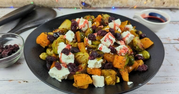 Butternut Squash and Brussels Sprout Salad with Cranberry-Glaze and Goat Cheese