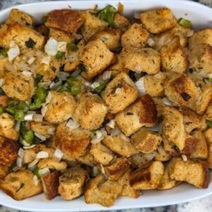 Stuffing in a white baking sheet