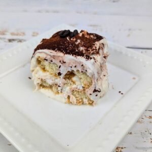 Tiramisu cake served on a plate