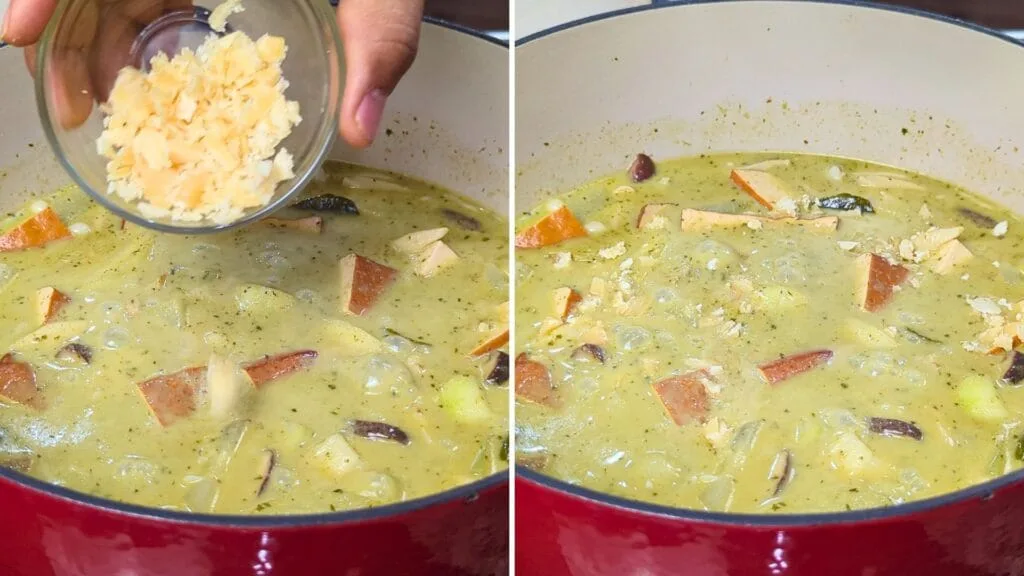 adding palm sugar and soy sauce to green curry