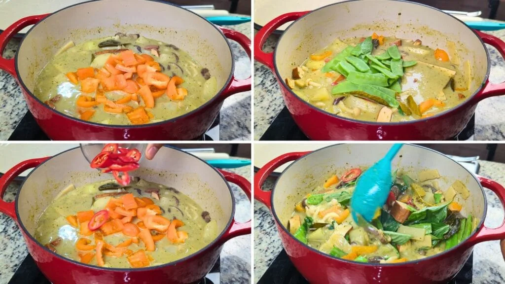 adding bell pepper, re long hot chilis and snow peas to make vegan green curry