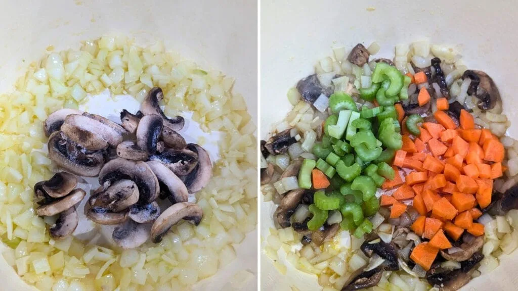 Adding Mushrooms, Carrots and Celery in a pot