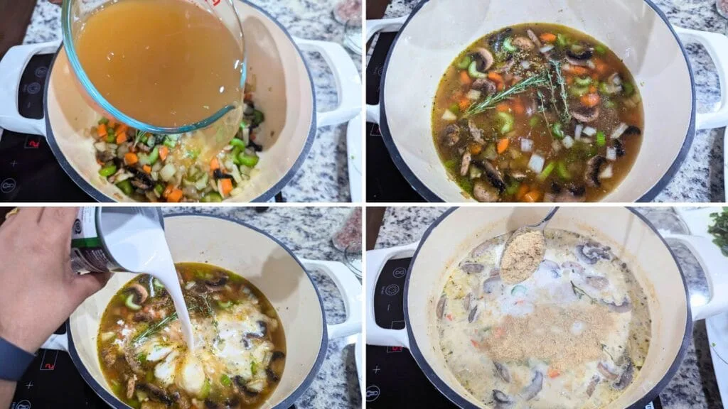 adding vegetable stock, Coconut milk and Nutritional yeast