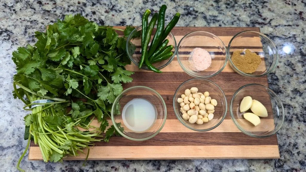 Cilantro Chutney Ingredients on a wooden block