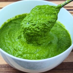 Cilantro Chutney in a white bowl
