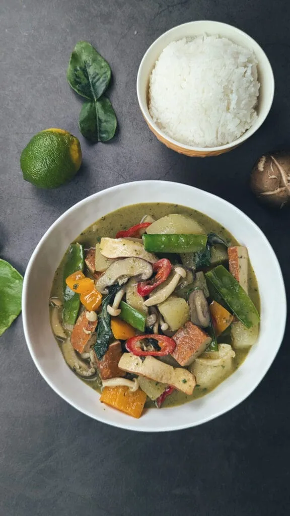 Vegan Thai Green Curry served in a white bowl