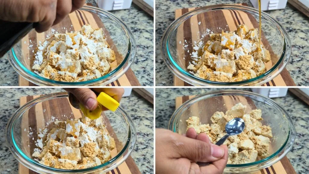 adding water, oil and soy sauce to tofu