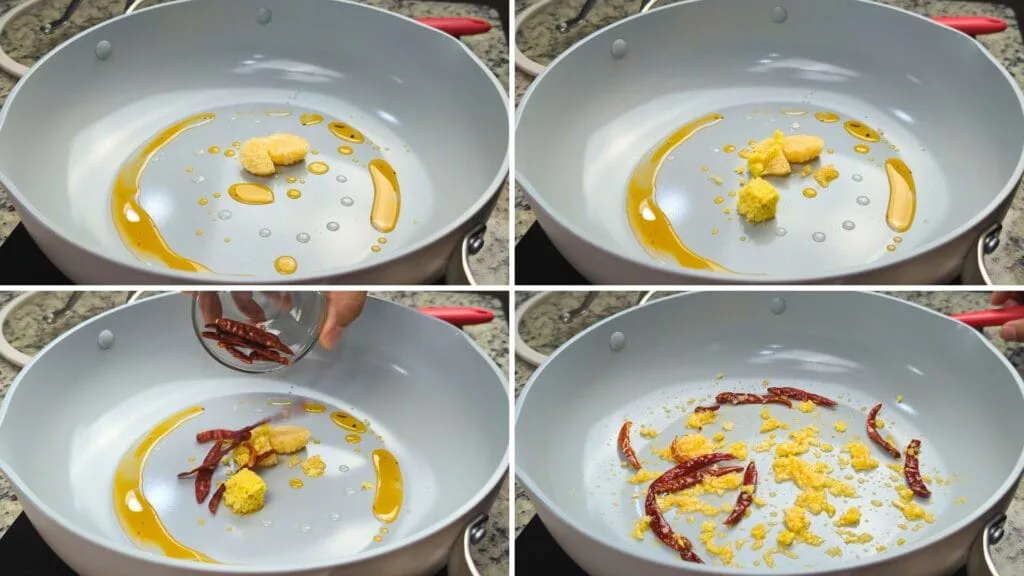 add Ginger, Garlic and Dry Red chilis to the pan