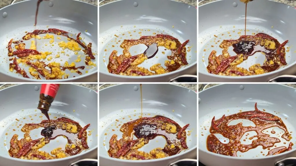 adding different sauces to the pan