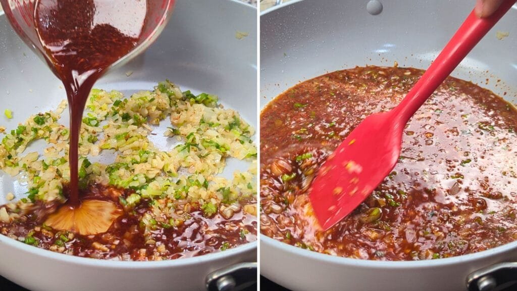 Adding sauce to pan and cook until that thickened