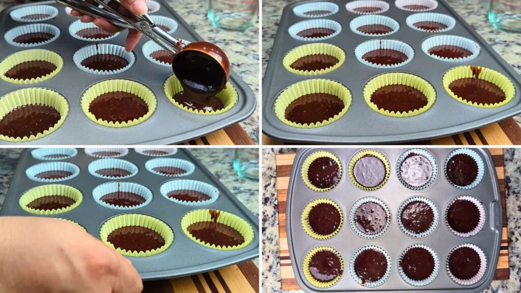 putting the batter in to the cupcake liners