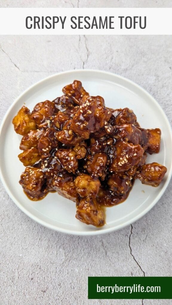 Sesame Tofu served in a white plate vertical image for Pinterest
