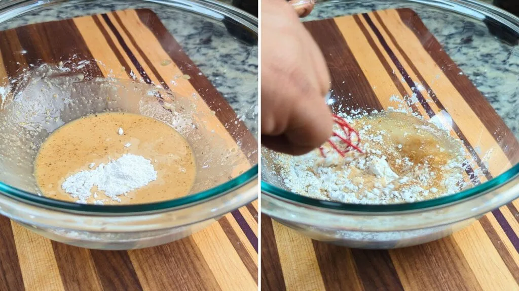 Making batter in a bowl for eggplants
