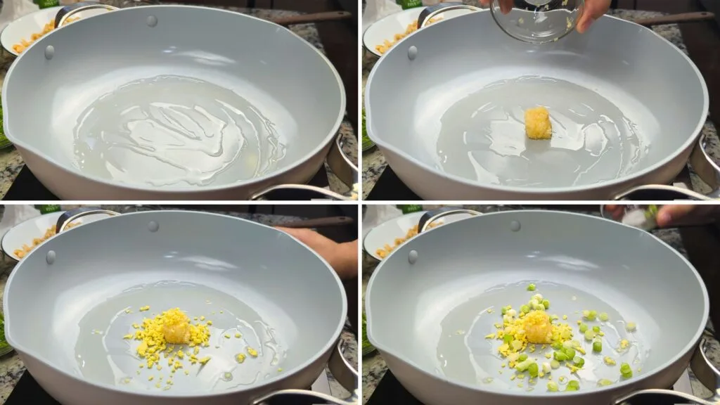 adding oil, ginger and garlic in a pan