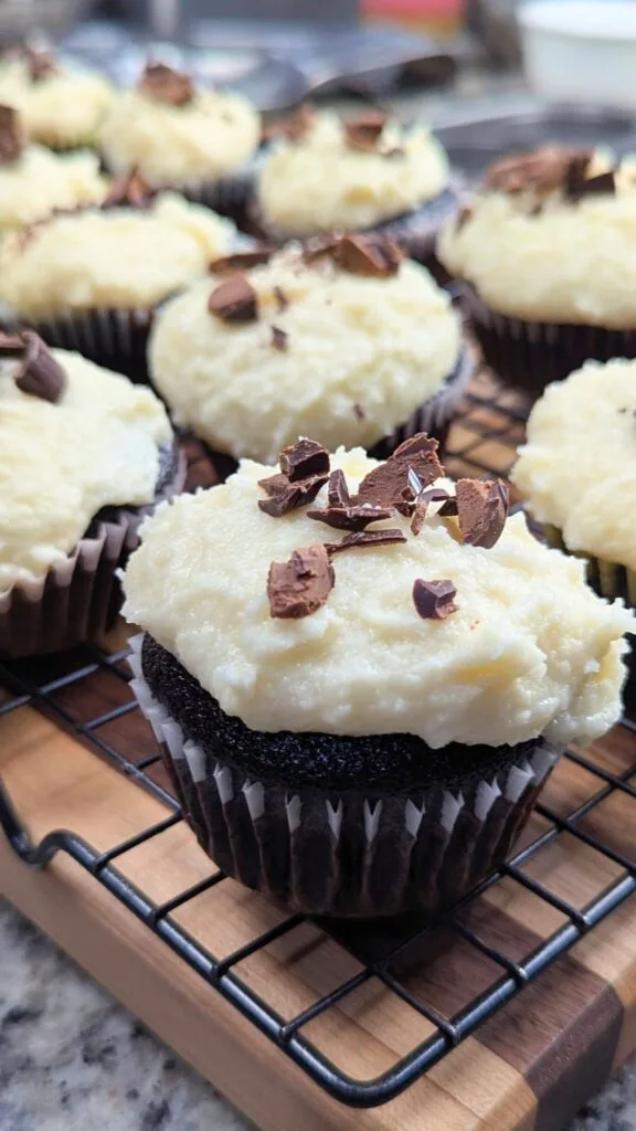 Easy Eggless Chocolate Cupcakes served vertical image