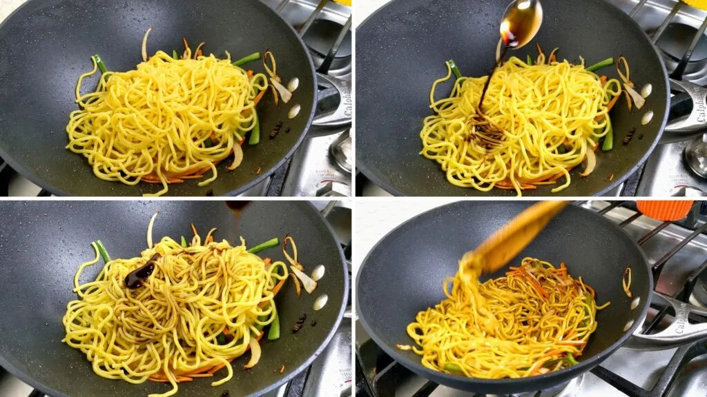 Adding Noodles and Sauces and Stir it