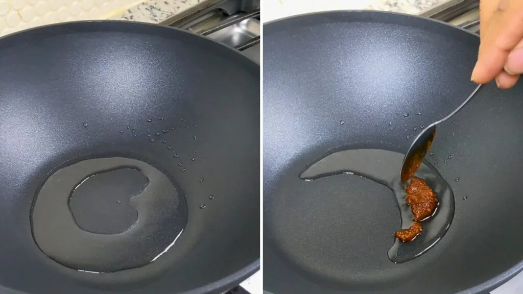Adding Oil and Chili Garlic Paste to the hot wok