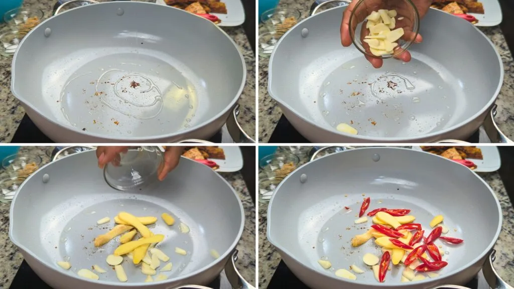 Sauté Garlic, Ginger and Red Hot Chilis