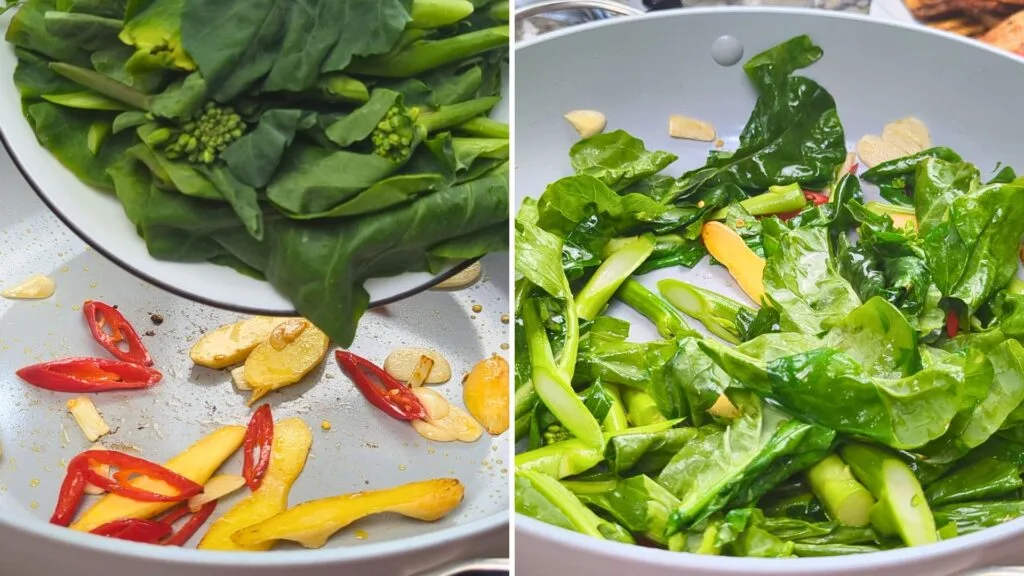 Adding Gai Lan to the pan