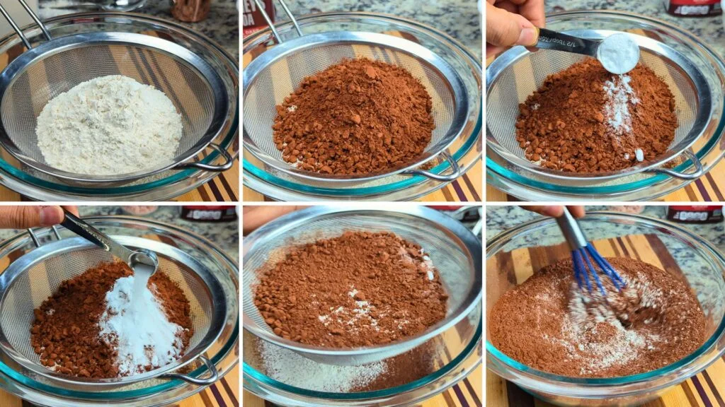 mixing flour, cocoa powder, baking soda in a bowl