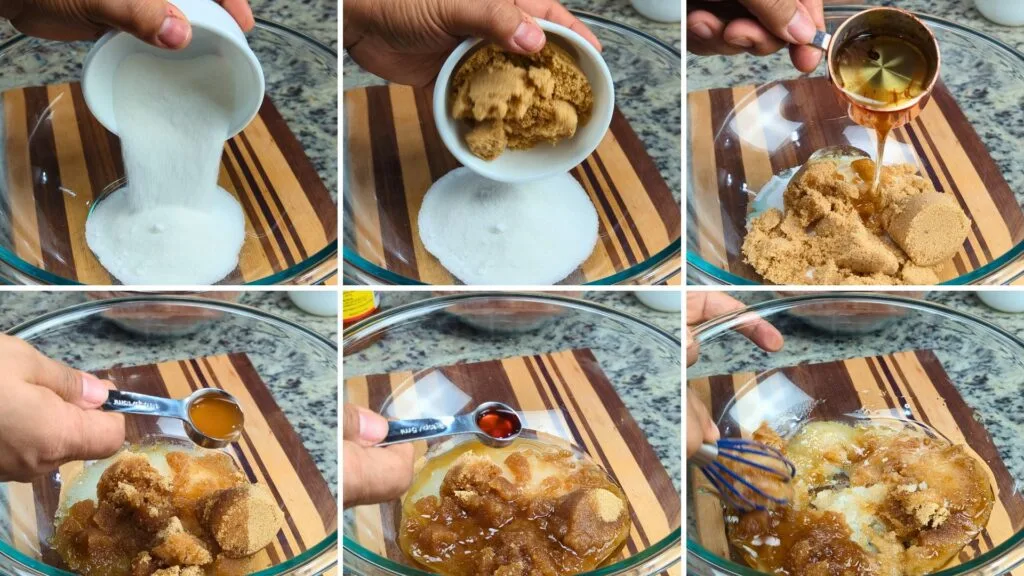 Mixing Sugars, Oil, Apple Cider Vinegar in another bowl