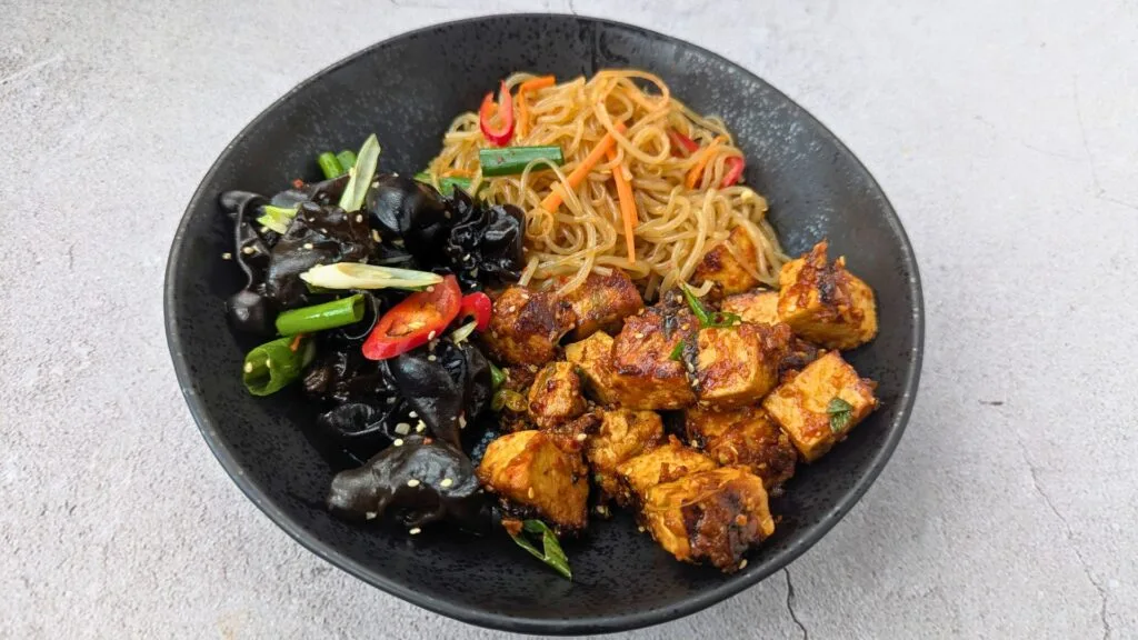 Bulgogi-Style Tofu served with side of Japchae Noodles