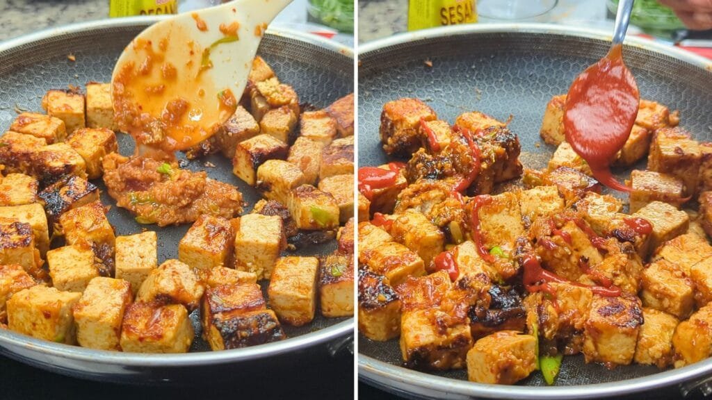adding extra marinade and Gochujang paste to Tofu