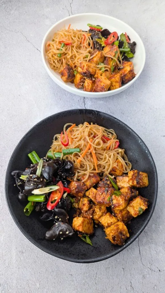 Bulgogi-Style Tofu served with the sides of Japchae Noodles and Wood ear Mushrooms