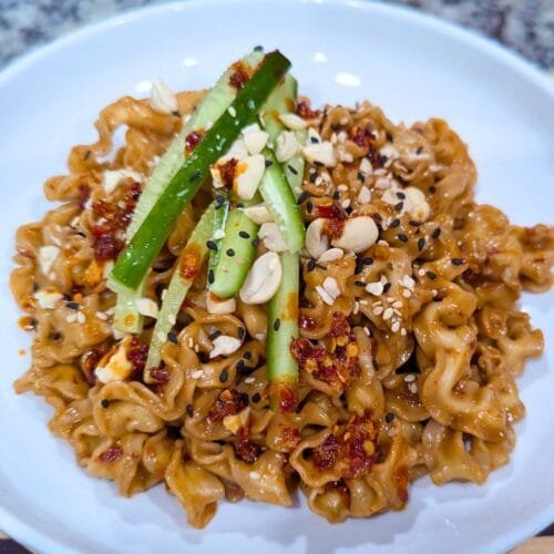Spicy Peanut Noodles Served in a White plate