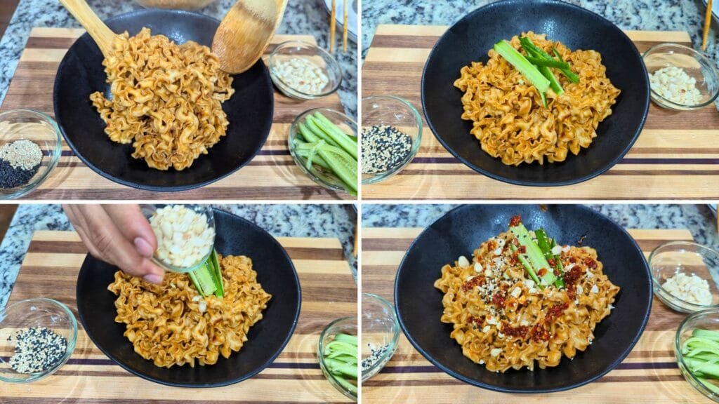 Serving the Noodles with Peanuts, Cucumbers and Chili Oil