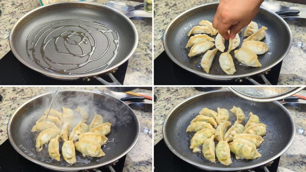 steaming dumplings in a hot oily pan